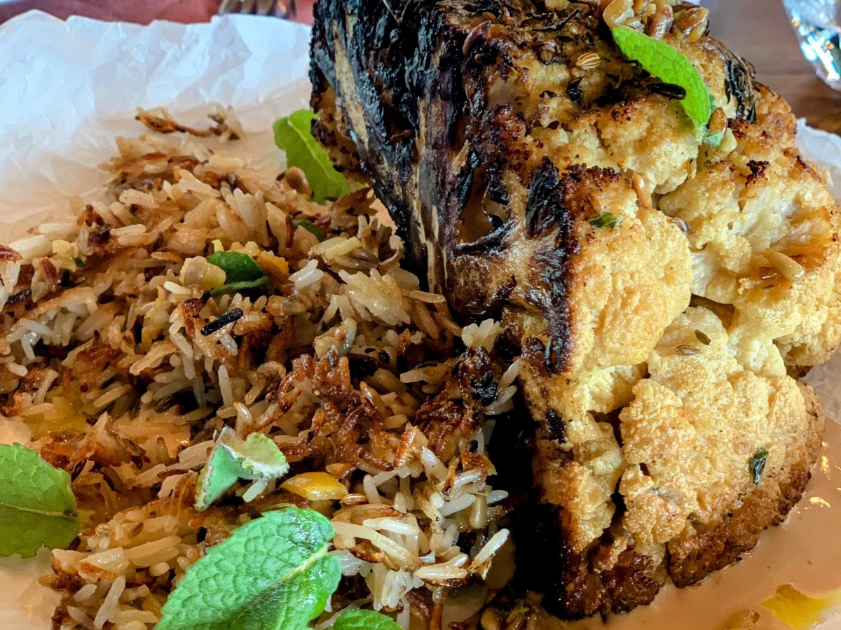 Roast cauliflower with crispy rice